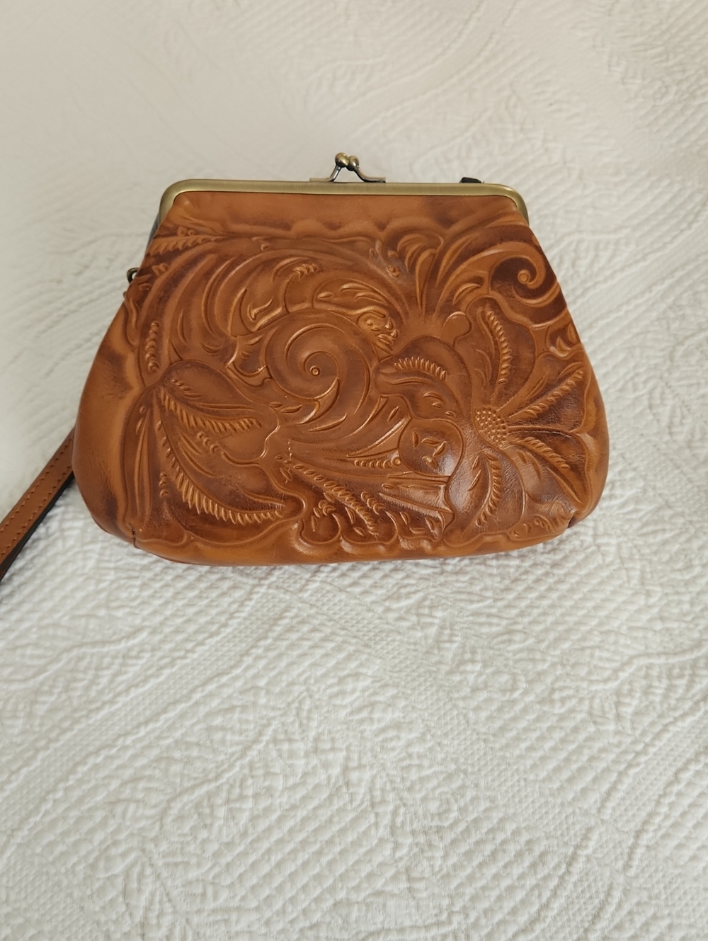 Patricia Nash Tooled Leather Kiss-Lock Clutch in Tan Brown